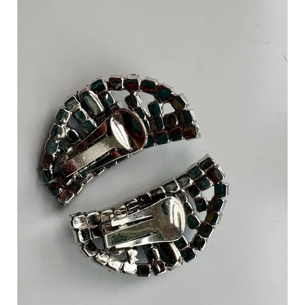 VTG Rhinestone Earrings Clip-on Large Half Moon AB Aurora Borealis Dramatic